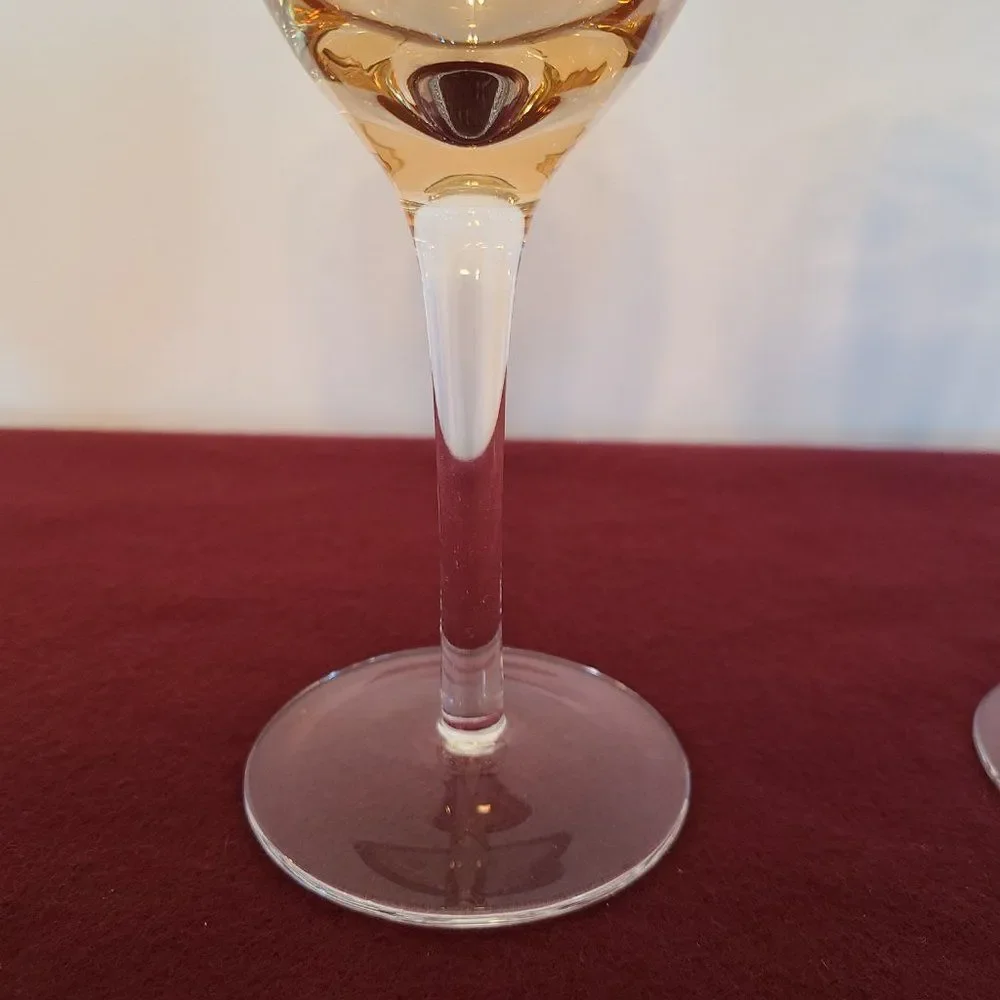 Vintage Golden Amber Light Yellow Iridescent Wine Glasses With Etching Set of 2